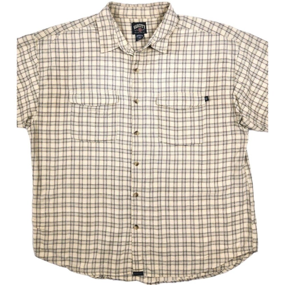 VARCITY Plaid Short Sleeve Button Down Men XL No Joke Denim Baggy 100% Cotton
